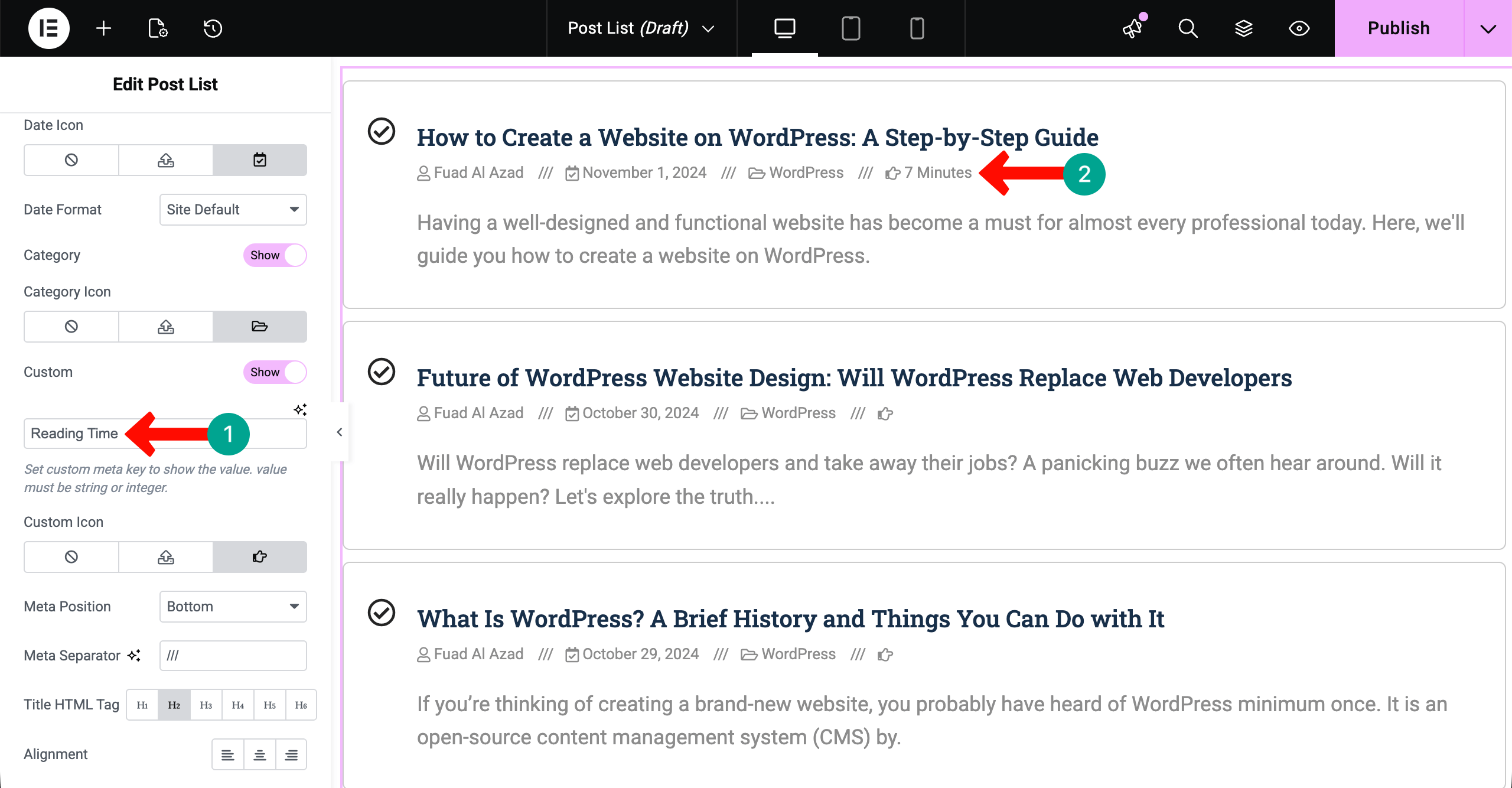 Post List 18 Custom field info is displayed