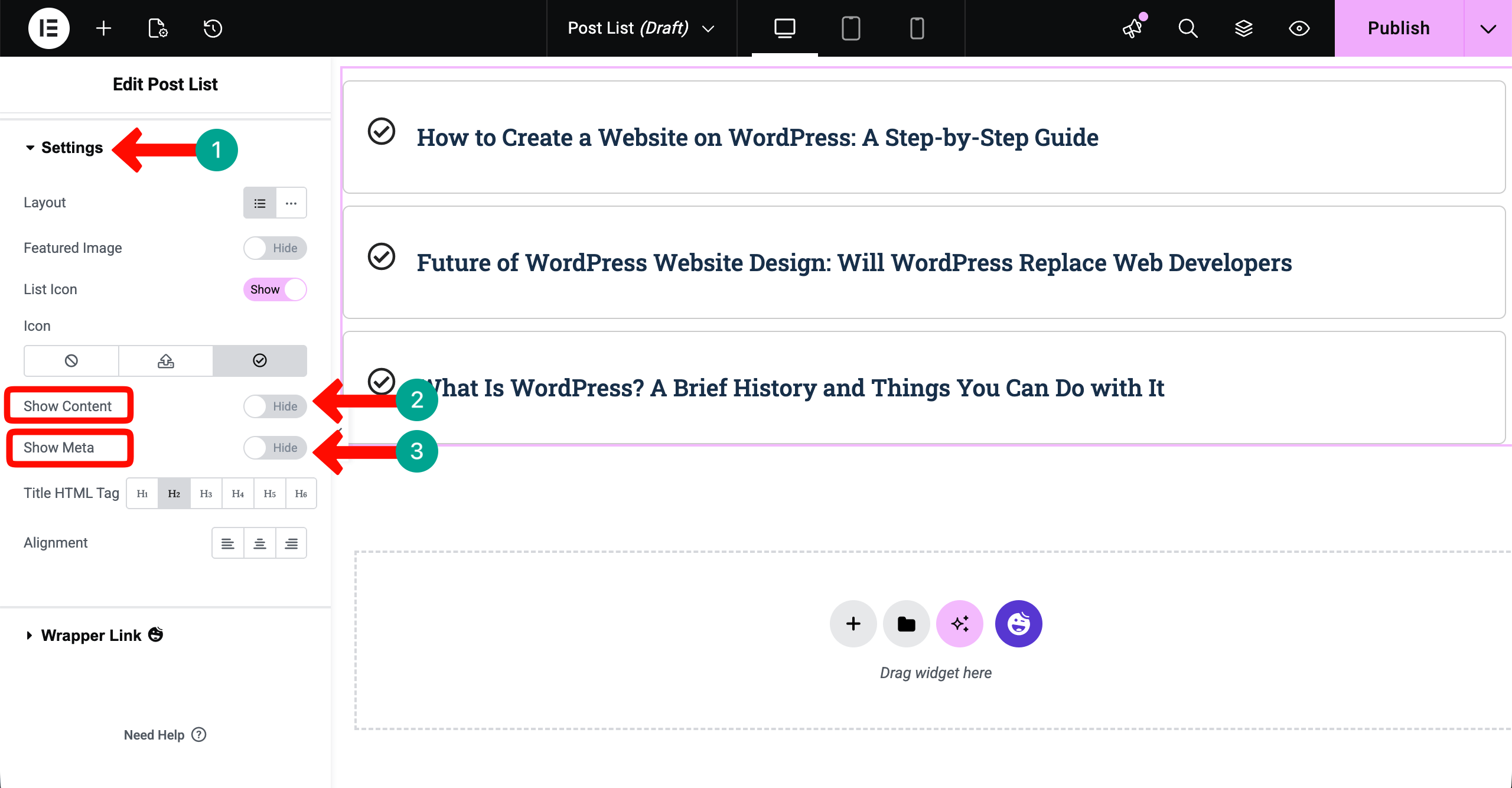 Post List 9 Expand the Settings section
