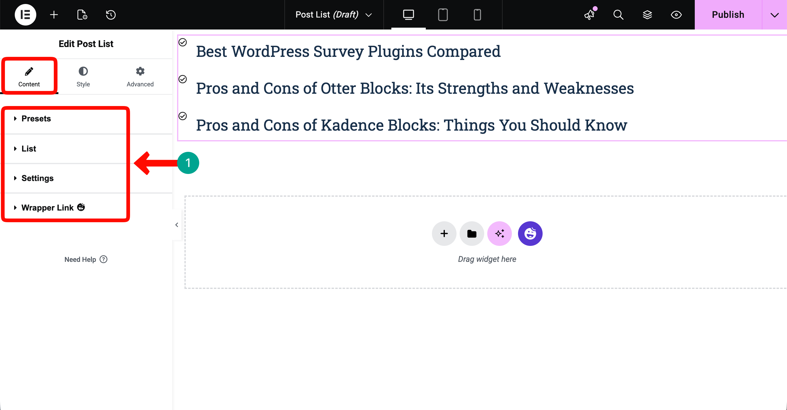 Post List 2 Post List options under the content tab
