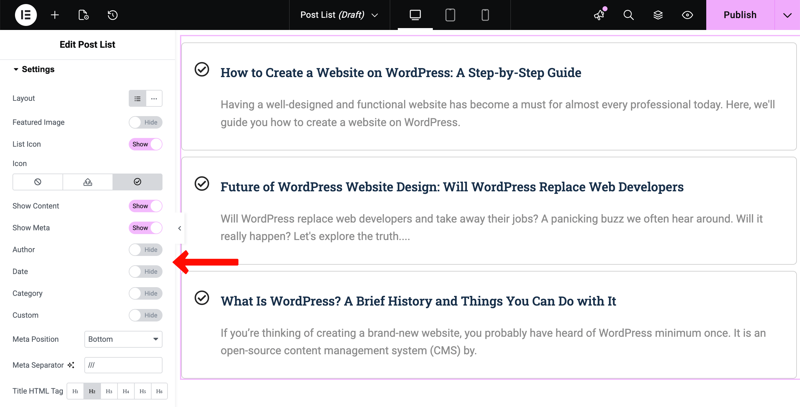 Post List 10 Toggle on other meta options
