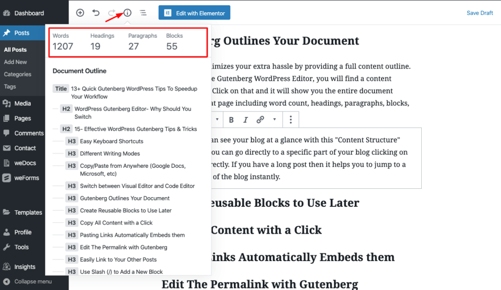 Gutenberg easily Outlines Your Document
