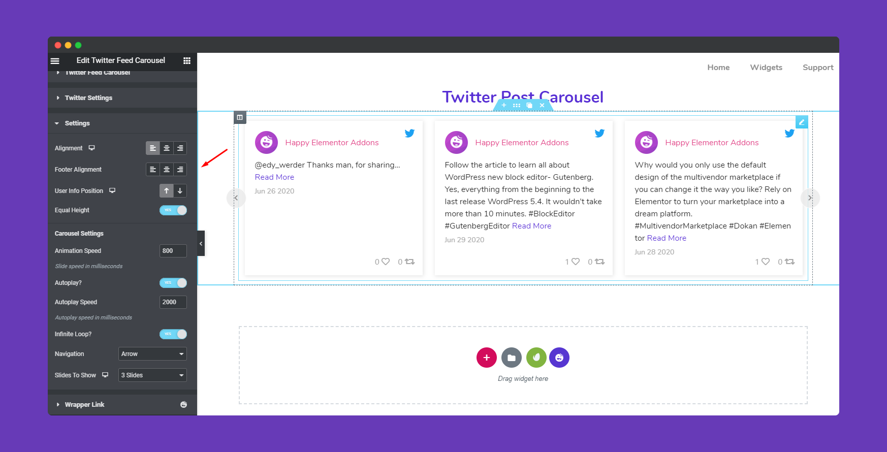 General Settings of Twitter Feed Carousel Widget