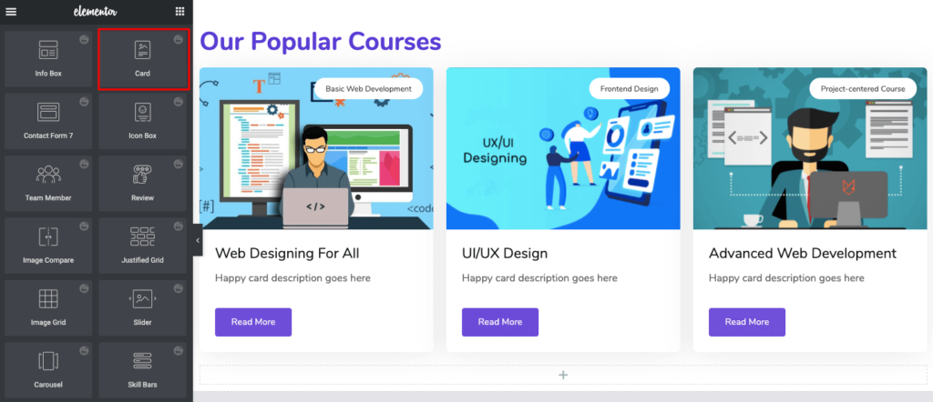 Add card widget to represent your popular courses in row