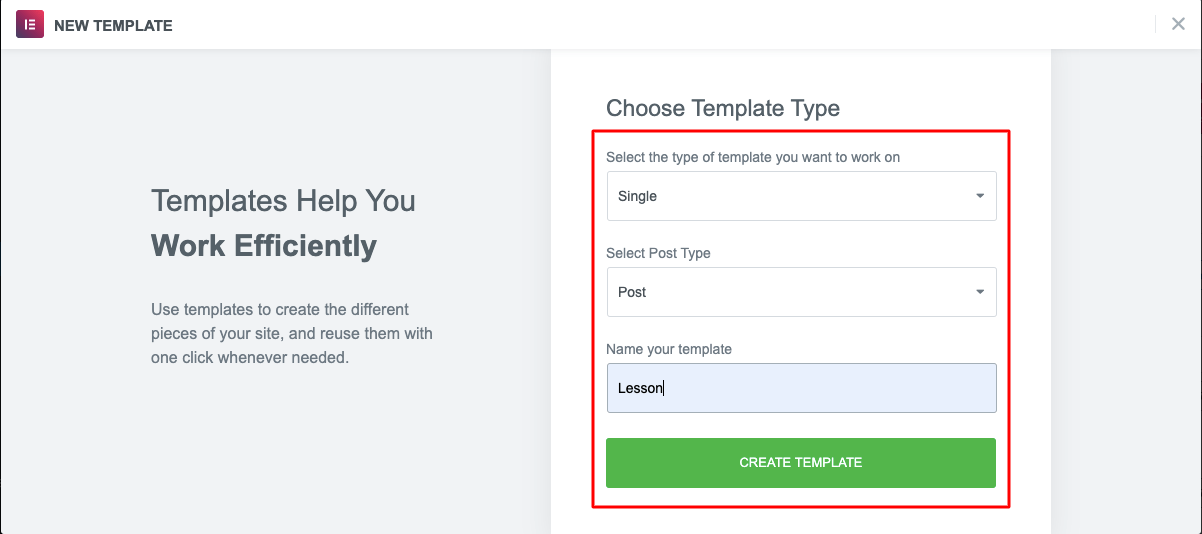 Select the template type for your lesson page