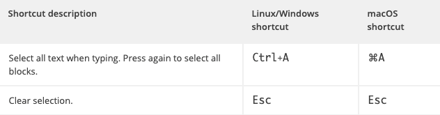 selection shortcuts 