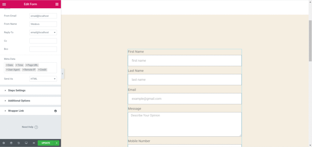 Step 5: Setting Elementor Contact Form for Custom Messaging