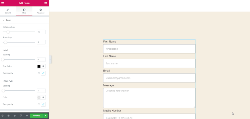 Step 7: Set the Styling of Your Elementor Contact Form 