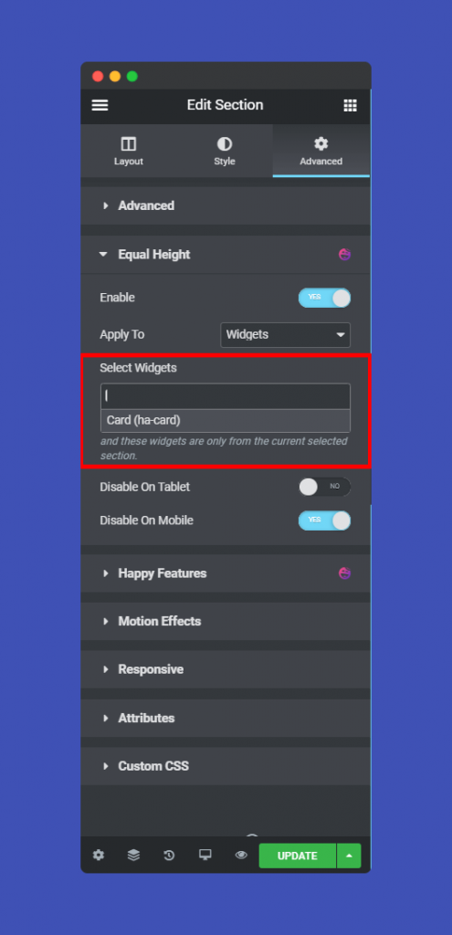 Setting equal hieght feature- Step 5: Disable Mobile and Tablet Modes