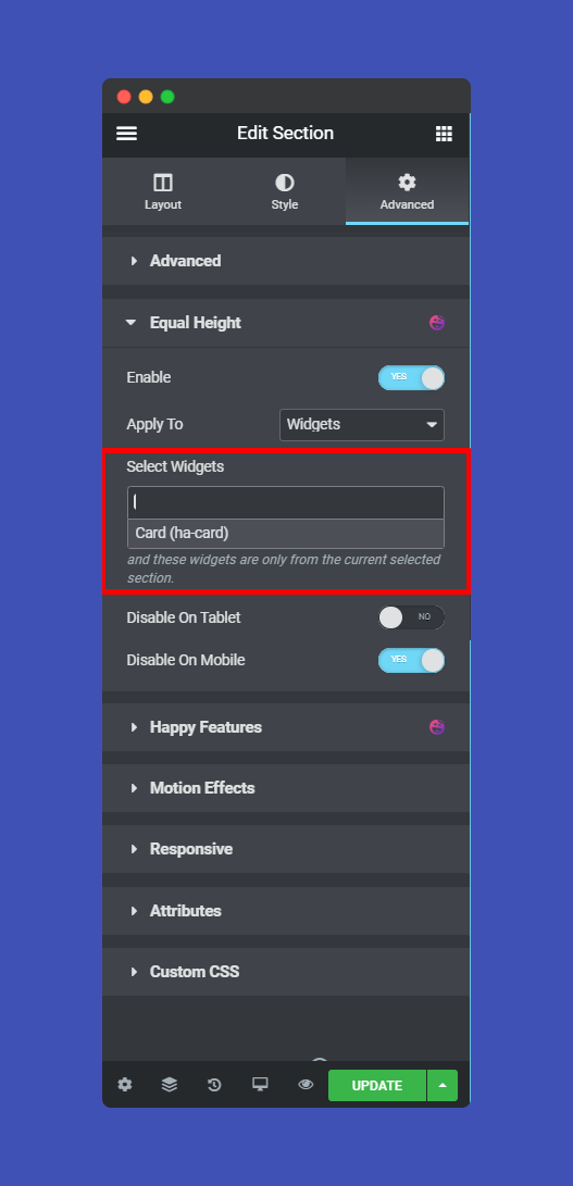 Setting equal hieght feature- Step 5: Disable Mobile and Tablet Modes