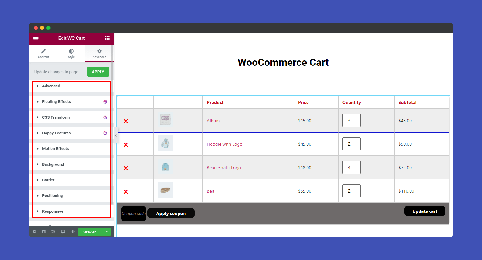 Advanced setting of WooCommerce Cart widgets