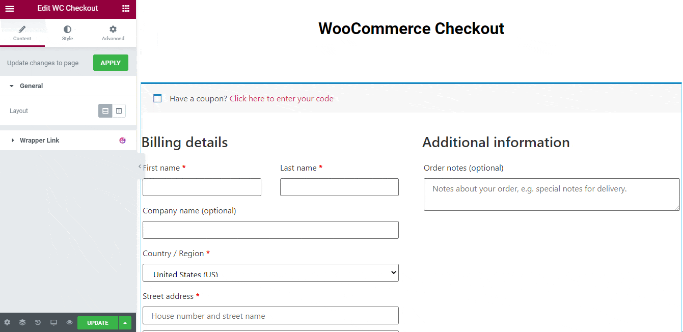Edit the general content of Checkout widget