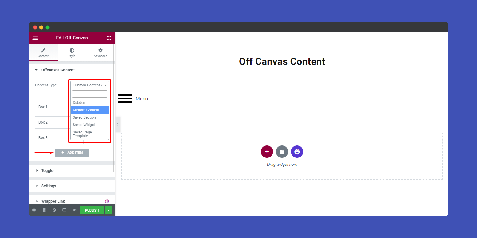 Off canvas content type