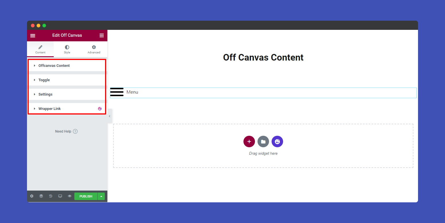 Off canvas content setting