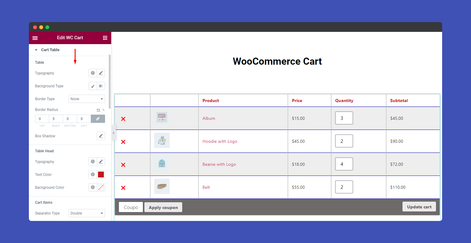 Cart table style