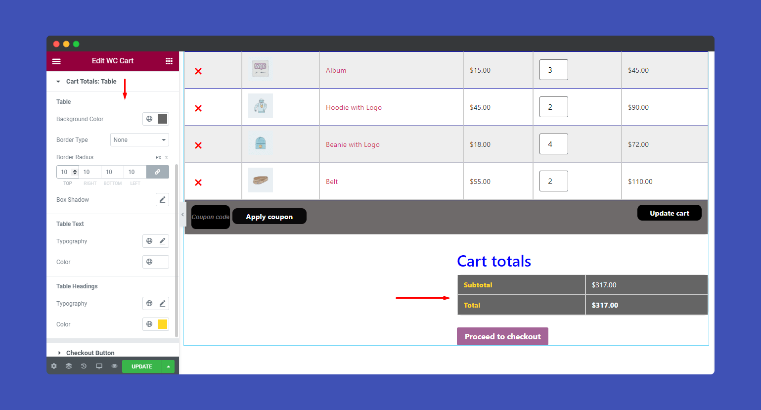 Cart Total Table