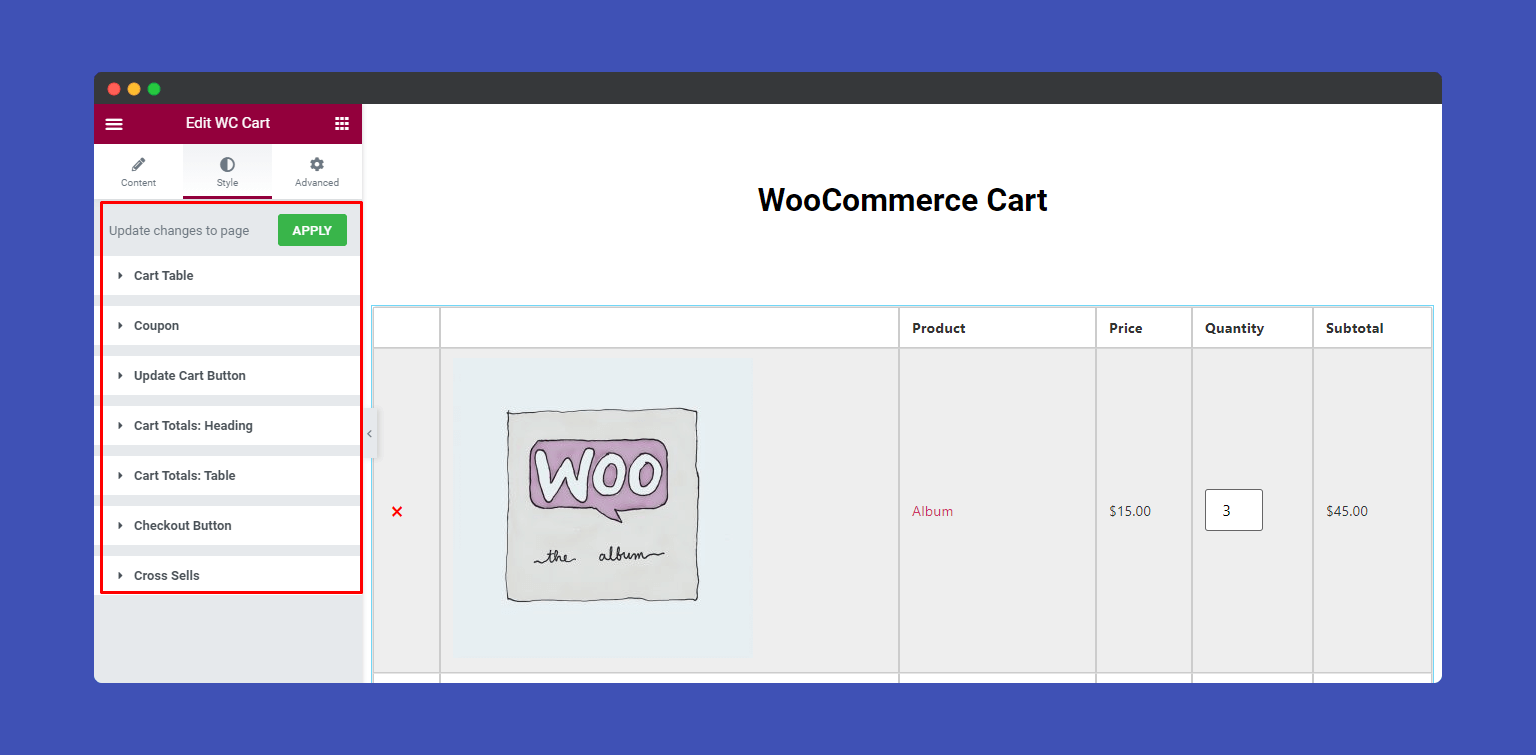 Style options of Cart widget