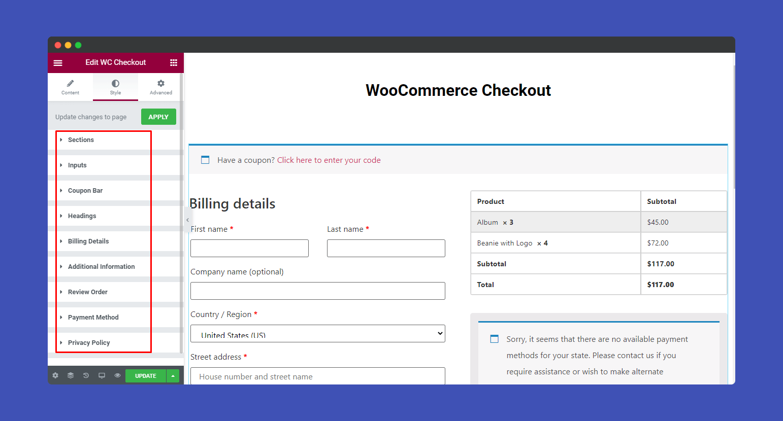Style WooCommerce Checkout widget