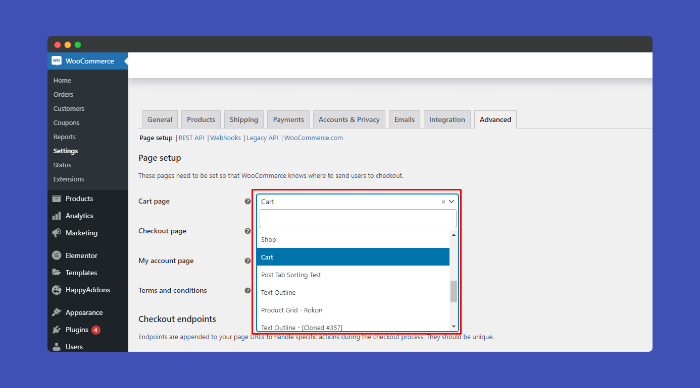 WooCommerce cart page settings