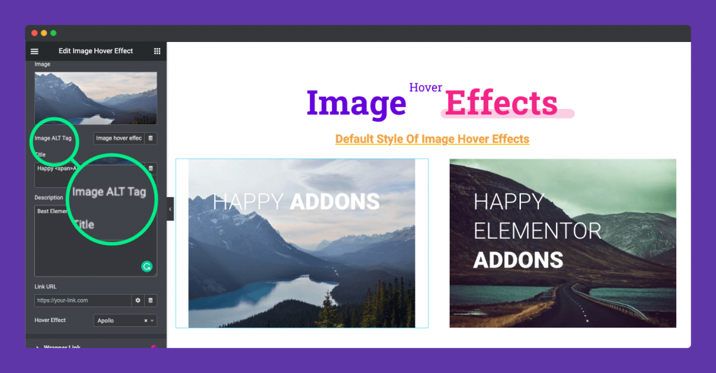 image alter text on image hover effect