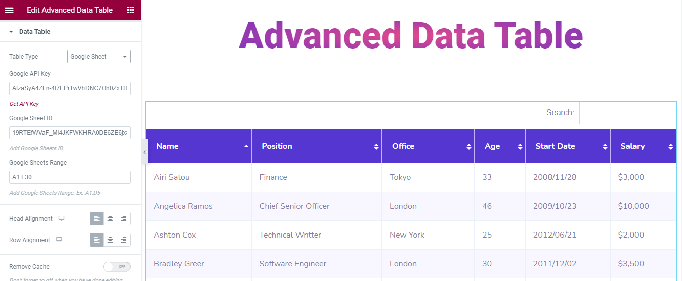 Select Google Sheet as the data table