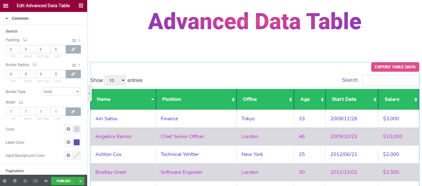 Style Common Settings of Advanced-Data Table