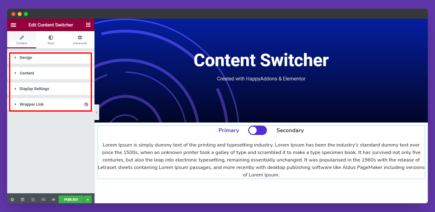 Content options of Content Switcher