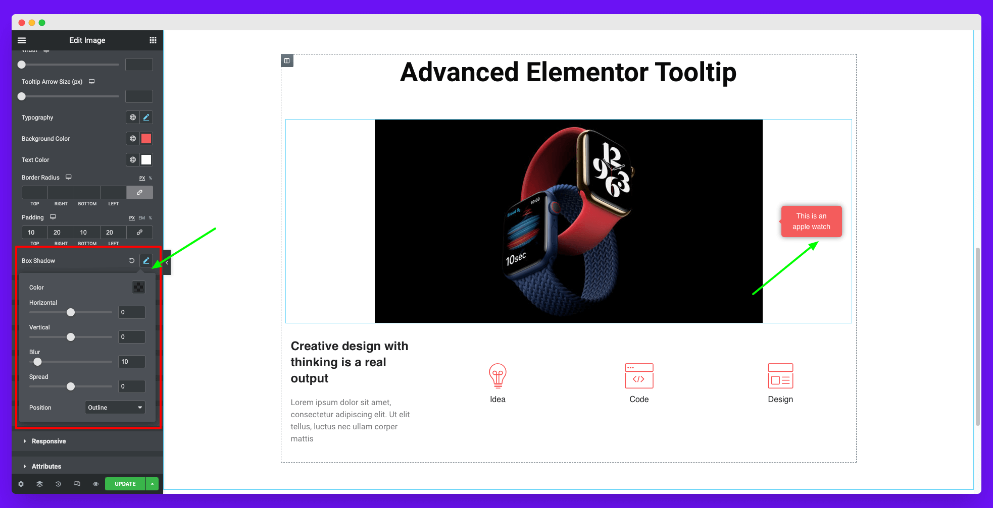 Add box shadow to your elementor tooltips