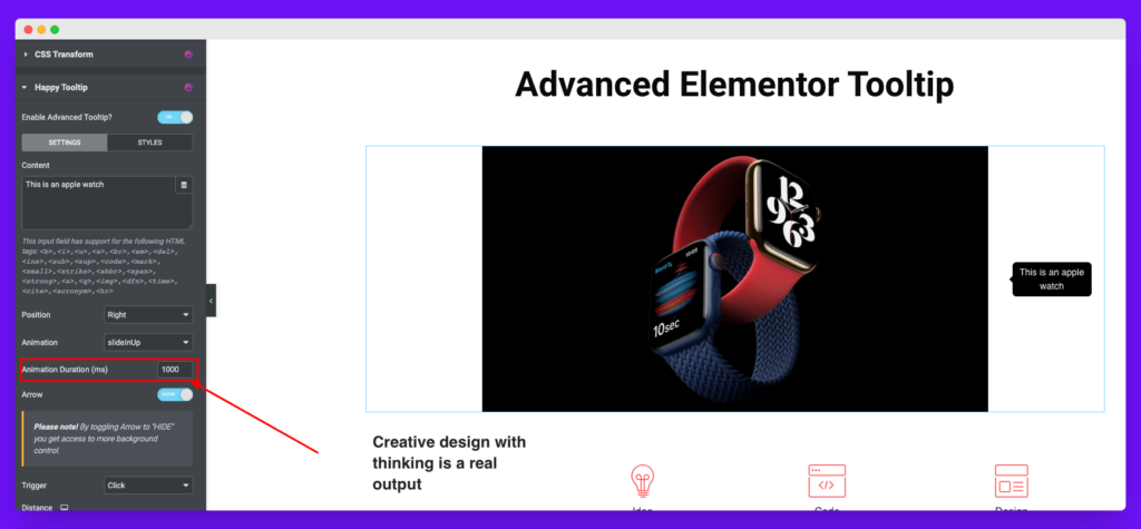 Animation control settings of elementor tooltip