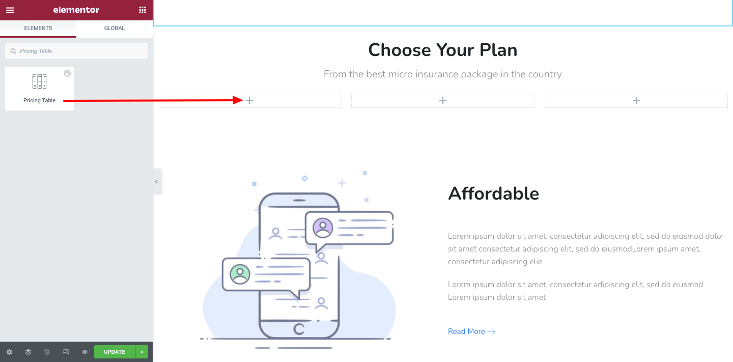 Add Pricing Table Widget