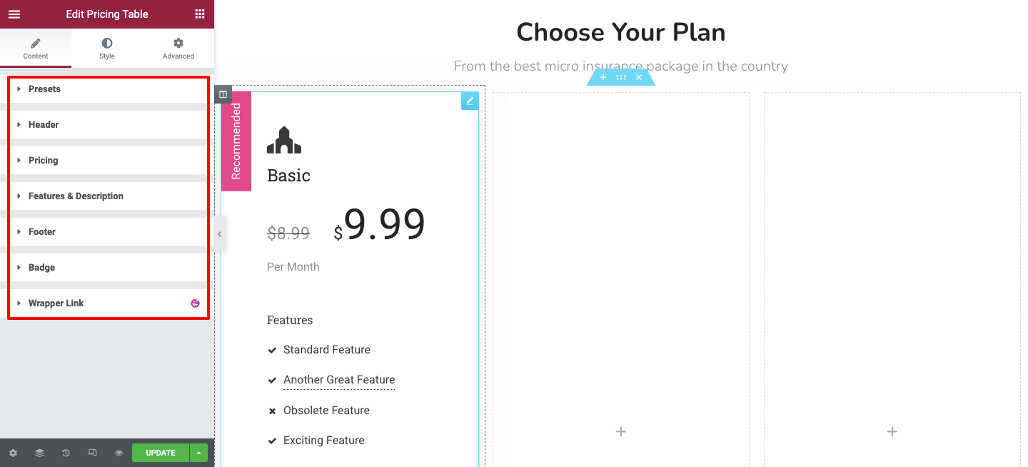 Content of Pricing Table widget