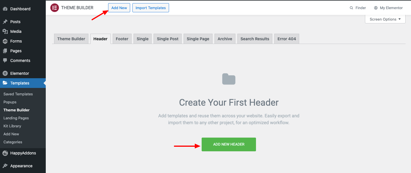 Elementor Theme Builder Add New Header