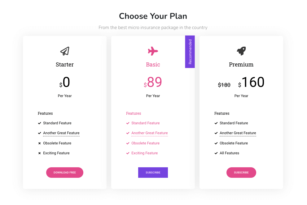 The final preview of the pricing table