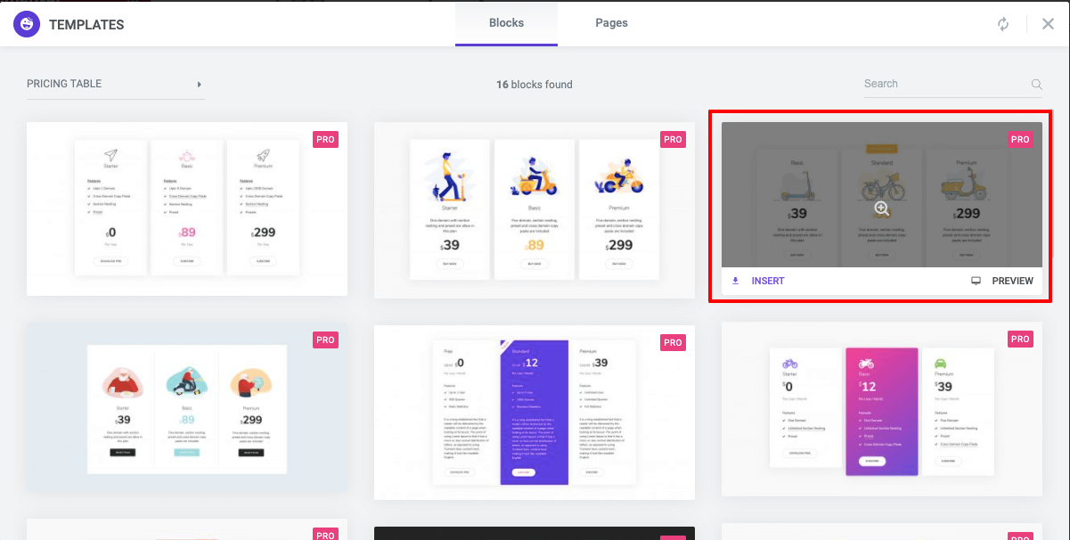 Insert pricing table block