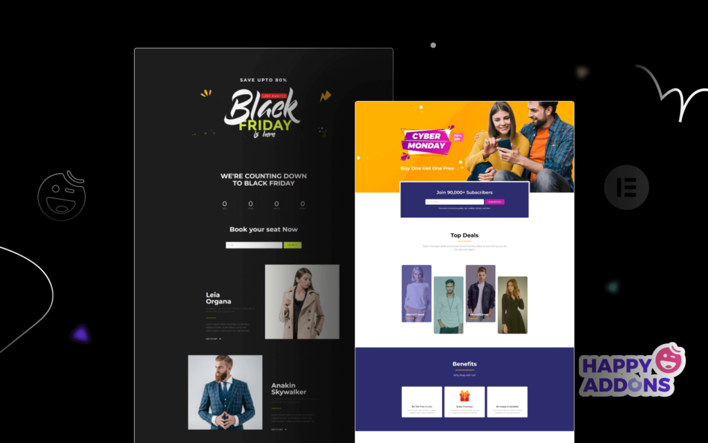 Black Friday and Cyber Monday are around the corner, and people are waiting for these festivals to grab the best product deals. That is why giving an attractive look to your website during this festive season is very necessary. But, creating a whole new landing page might be difficult in a short period of time. Don't worry. By using Happy Elementor Addons Black Friday and Cyber Monday Landing Page templates, you can easily develop a whole new landing page in a few minutes. In this today's blog, we are going to show how to boost your website design using HappyAddons templates during this festival season. Before that, we'll talk a bit about these two festivals and why they are important to online business communities. What are Black Friday and Cyber Monday? Black Friday is the immediate following of the famous Thanksgiving day. This is when people start shopping to celebrate the Christmas festival. Since the late 1980s, retail sales on this day have constantly been suppressing the past volumes. See the graph below. Source: Salecycle.com The first Monday following Thanksgiving day each year is called Cyber Monday. It was first introduced in 2005 by the USA National Retail Federation to encourage people to buy online. Though this festival originated in the USA, it is celebrated globally today. See the stats below. Source: Salecycle.com It indicates customers' buying behavior around this day is growing up over time. Many customers today keep a budget to buy products on these two days. So, why won’t you prepare a Cyber Monday landing page if you have an online store? Importance of Designing Landing Pages for Black Friday and Cyber Monday Festival Having a well-design website is one of the major checklists if you are running an online business. Most importantly, you have to make sure that your website remains up-to-date to boost your sales. That is why you need to redesign your website or make a new landing page during the Black Friday and Cyber Monday festivals. Because most online product & service-based businesses promote special deals during these two festivals. Here are some remarkable ways dedicated landing pages during these festivals can positively impact the performance of your online business. Boosts your product salesIncreases conversion rateOpportunity to collect potential email leadsGrabs users' attention toward your siteReduces bounce rateIncreases website visitors. Elementor Black Friday New Seasonal Kit is Already Here! Source: Elementor To make this Black Friday more enjoyable, Elementor has launched a New Seasonal Kit that includes landing pages, sections, pop-ups, and vector assets. All these design elements are made by the Elementor team so that one can easily use them on their website to ensure more sales and conversions. New Elementor Black Friday Seasonal Kit offers: 3 Landing pages6 Sections 6 Popups A collection of stickers & animations You can only get these ready-made Black Friday landing pages and sections if you have Installed Elementor Pro on your site. However, if you are looking for templates that are outside of the box, you can go with Happy Addons, the fastest Elementor Addons on the market. It's very easy to use, flexible and has tons of advanced features and widgets that can ease your website design journey. Also, you'll get several festival landing page templates & blocks. Moreover, you can use free Black Friday and Cyber Monday design blocks and templates to decorate your site. Most importantly, these templates and blocks are easy to customize and can be used for multiple purposes. Now let's see how you can use the Happy Addons templates to design your website according to the Black Friday theme. Pre-Requisites to Use HappyAddons Templates to Design Black Friday and Cyber Monday Landing Pages You must have the following plugins installed on your site to get access to the HappyAddons Template library. Make sure you’ve installed and activated the Happy Addons Free & Premium version of your website. Elementor (Free)Happy Addons (Free)Happy Addons Pro If you are new to Elementor, check this Step By Step Guide For Beginners. If you want to explore the readymade templates of HappyAddons before installing these plugins, you may visit by clicking on the button below. Check out Happy Addons Templates How to Design Black Friday Landing Page on Your Website Once you have the plugins (mentioned above) installed, your website is ready to follow the tutorial guide explained in this section. Get ready now! Step 1: Open a New Page with Elementor Create a new page or open the existing page with Elementor. Next, you have to select the Elementor Canvas option.Unless you select Elementor Canvas, you may watch the header, footer, and unnecessary other texts on the page. These might be irritating to you.Once you open the page with Elementor Canvas, your page will be completely clean. Watch the video below on how to do it. Step 02: Go to HappyAddons Library Click on the HappyAddons Library Icon. It will open up a modal popup. Here you'll find numerous stunning premade Blocks and Pages created by the Happy Addons team. Kindly explore them to create a list of your favorite items. Step 03: Import a HappyAddons Black Friday Template Go to the Page tab on the modal popup.Select Black Friday from the left-side filter option.You will several good-looking templates on your screen.Take your cursor on the one you like and hit on the INSERT button. Wait for a while to finish the installation process. You will get the template on your screen with editable sections and options. Step 04: Set the Black Friday Campaign Deadline A deadline creates a sense of urgency in customers' minds. So, better if you add a deadline section on the page to show your Black Friday deals. The good thing is that if you select the template as we did, you will automatically get a deadline or countdown option. You have to customize it as you want. Step 05: Show Image Carousel Slider on Your Black Friday Landing Page Using the Image Carousel, you can slide show demonstrating discounts on your product categories. Drag and drop the Image Carousel widget on any landing page section. Next, from the Elementor panel, you can add photos and text to the widget. Do it accordingly. Thus, you can add more sections and options on the landing page. Hope you can do it yourself. Step 06: Make the Black Friday Landing Page Mobile Responsive Making a web page mobile responsive with Elementor is super easy. You'll get the mobile responsive option on the Elementor footer section. Clicking on it will open up the option to view your landing page on different device screens. We have explained the process in the video below. Note: Don't delete any widget or section while customizing your landing page for any particular device. Because if you delete a widget or section on any device screen, it will also be applied on other devices. However, you may change their position or alignment or hide them. It won't make any impact on other devices. Step 07: Final Preview of Our Landing Page Here is the final interface of our Elementor Black Friday landing page that we've designed using the Happy Addons' ready-made Template. Get Happy Addons to Add a Black Friday Theme Landing Page on Your Website How to Design Cyber Monday Landing Page on Your Website You will require the same prerequisites (Elementor and HappyAddons Plugins) to design the Cyber Monday landing page on your website. Hope you have them ready on your website. Now, let's get into the tutorial part. Step 01: Import a Cyber Monday Readymade Landing Page Template Go to the HappyAddons Template library.Choose the Cyber Monday template you like.Click on the INSERT button. Wait for a while to finish the installation process. You'll get a page design like the following image below. Step 02: Edit Different Sections of the Page In the first tutorial, you saw the deadline/countdown option was already embedded in the template. But this template doesn't have it. So, you can bring it to your page? Very simple. Create a new section by clicking on the plus icon.Type Countdown on the Elementor search bar.Drag and drop the widget on the section. Customize the Countdown section from the Content and Style tabs of the Elementor panel. Using the Heading widget, we have added the FLASH DEALS text next to the countdown to make it more meaningful. Thus, you can use other exciting widgets on the template to make your landing page super gorgeous. Step 03: Promote Products on the Landing Page Promotional landing pages usually include a section to showcase some hot-selling products to generate instant sales. Using the Image and Button widgets, we have created this section under the FLASH DEALS.You may customize it more as you wish. Step 04: Make it Mobile Responsive We already showed you the process in the first tutorial on making a mobile web landing page responsive. Hope you can do it here as well, following the same guideline. Click on the Responsive Mode icon and do the rest yourself. Bonus: Black Friday and Cyber Monday Landing Page Design Key Considerations Whenever you design a landing page, you need to consider why you need to design this page and what elements they should keep on the page. Because if you are not adding all the necessary features to your page, it will not serve its purpose. This is why you need to focus on a few things before designing your Black Friday landing page. Here are some points you must consider in designing Black Friday and Cyber Monday landing pages. Add Black Friday textSet deals deadlineShow your best-discounted productsAdd coupon code Focus on responsive page designMake your page visually appealingImprove your page user experience or page structureSet a proper website navigation FAQ on Black Friday and Cyber Monday Landing Page Design Now, we'll answer some common questions on Black Friday and Cyber Monday Landing page designs commonly found online. How much does it cost to design a landing page?The cost of designing a landing page varies depending on the complexity of the design, the level of customization required, and whom to hire for the page. A simple landing page can be designed for as little as $25, while a more complex design with multiple customizations can cost upwards of $2,00.However, if you have Elementor and HappyAddons installed, you can design unlimited landing pages at a minimal cost. But like any other tool, you must have a kind of enterprise on them. As they are drag-and-drop builders and their numerous tutorials and documentation are available, they won't take you more than a month to be used to. Check out some wonderful YouTube tutorials on these two plugins. Hope you will enjoy them.How many hours does it take to design a landing page?It mainly depends on the level of design complexity and your web design skill. However, both in Elementor and HappyAddons, you will get countless readymade templates and block sections. You can design a beautiful landing page in 3-5 hours by making a proper combination of them.Can I design Black Friday and Cyber Monday Landing pages with Elementor and HappyAddons free versions?Surely, you can design Black Friday and Cyber Monday Landing pages with Elementor and HappyAddons free versions. But only with the pro versions, you can't add too many exciting features to your pages. For example, free versions will give you access to only a limited number of readymade templates.If you are just a beginner-level designer, free versions are enough. But if you are a professional designer or have a web designing agency, pro versions are a must. Are You Ready To Design Your Black Friday and Cyber Monday Landing Page? Customers look forward to this kind of occasion to buy their favorite products at a minimum price. Naturally, they are drawn to websites that look good and give a festive vibe. That is why adding a Black Friday and Cyber Monday landing page during the festival season will give you an extra edge over the competitors. The above guide shows how to design your Elementor Black Friday Landing page using the Happy Addons' Black Friday Templates and how it can help boost your holiday sales. So if you have any queries regarding this blog, you can comment on us in the below box. If you like this post, then share it on your social channel. Don't forget to subscribe to our newsletter. Also, follow our Facebook and Twitter channels for regular updates. Subscribe to our newsletter Get latest news & updates on Elementor [yikes-mailchimp form="1"] ":36560} /--