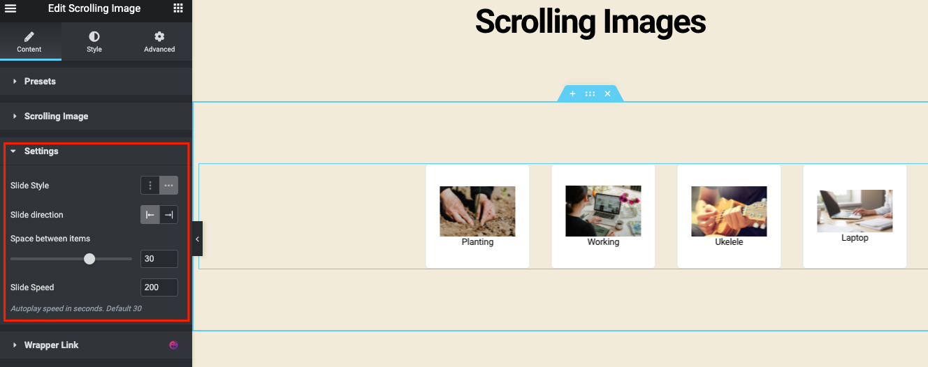 Scrolling image settings