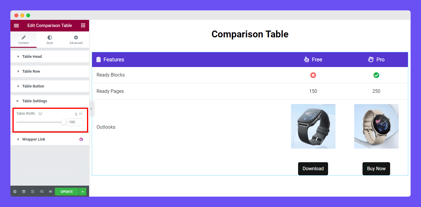 Content Table Settings