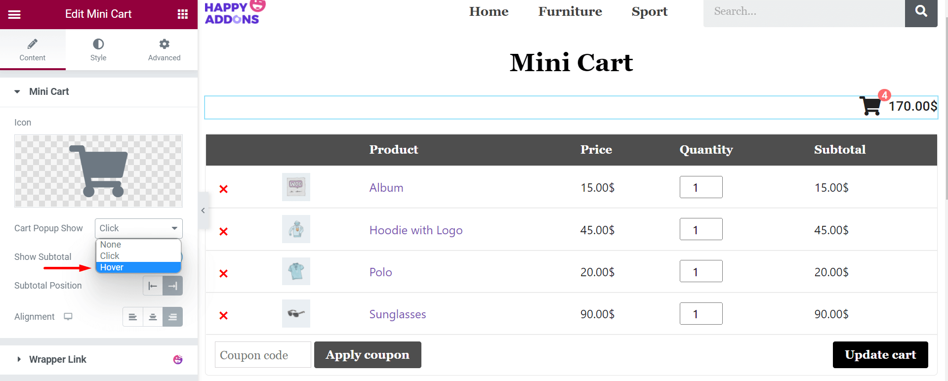 Elementor Mini Cart Widget Demo - HappyAddons