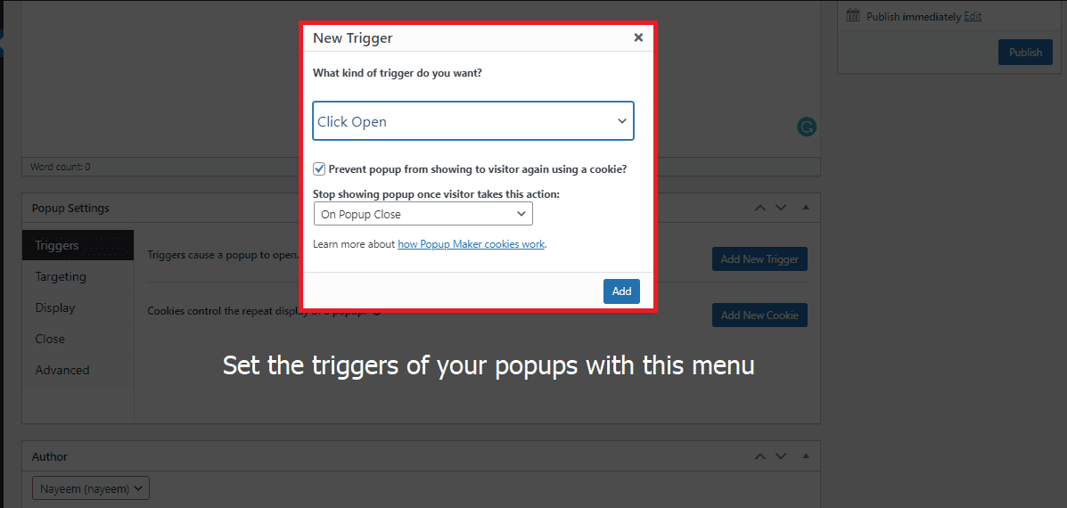 How to set triggers on a popup