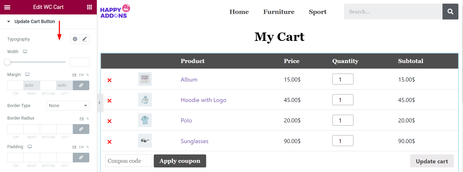 Update Cart Button