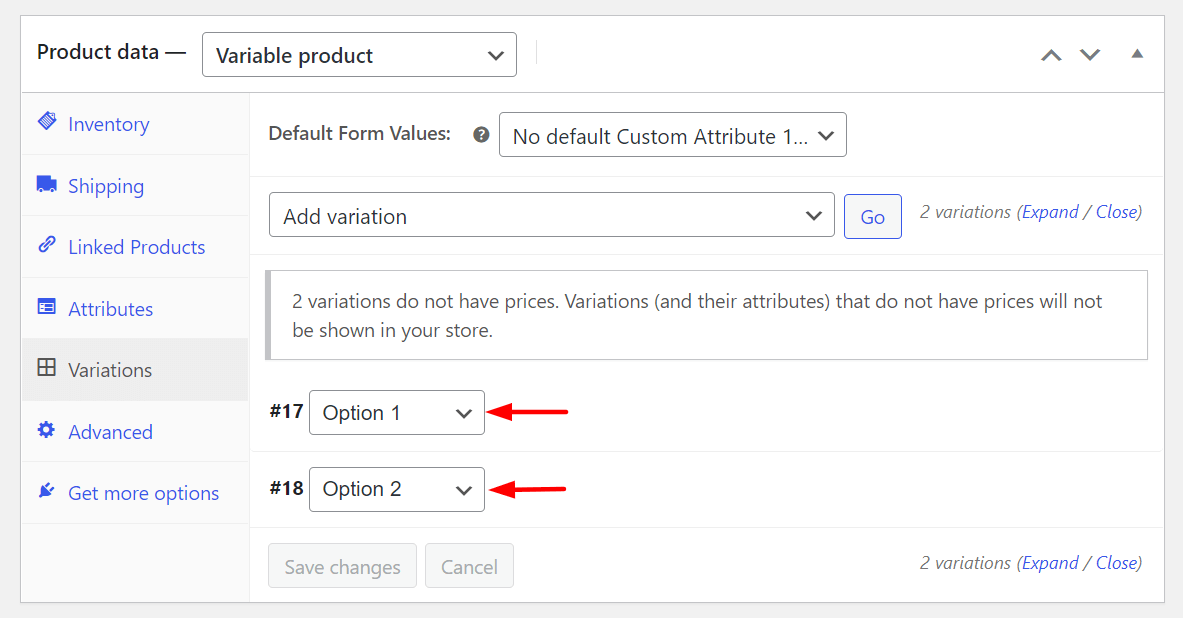 Add variations in WooCommerce Variable Product Type