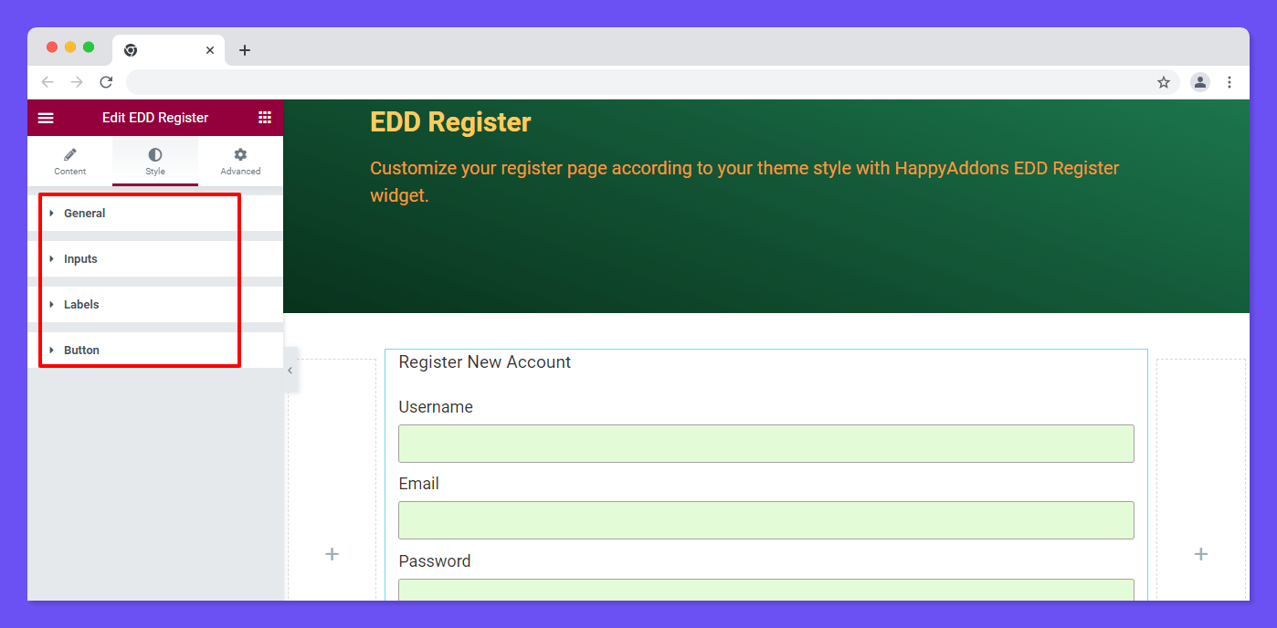EDD Registration Widget Style Options