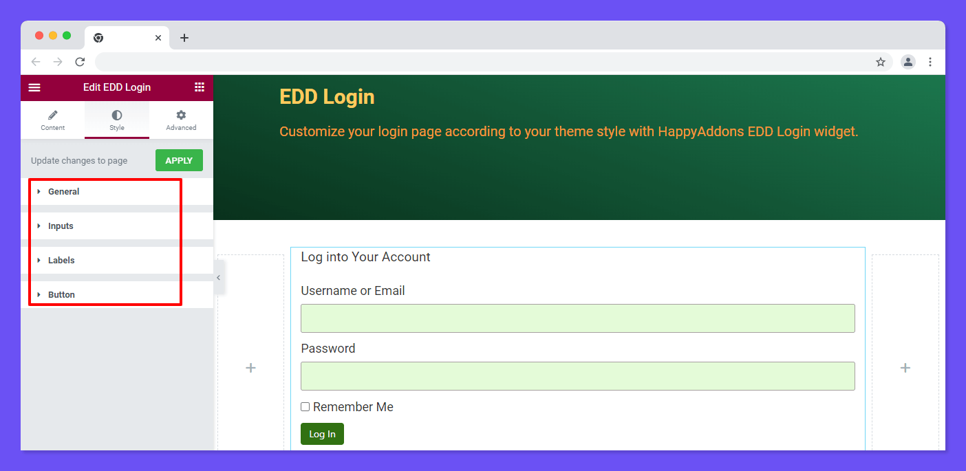 Style Options of EDD Login Widget