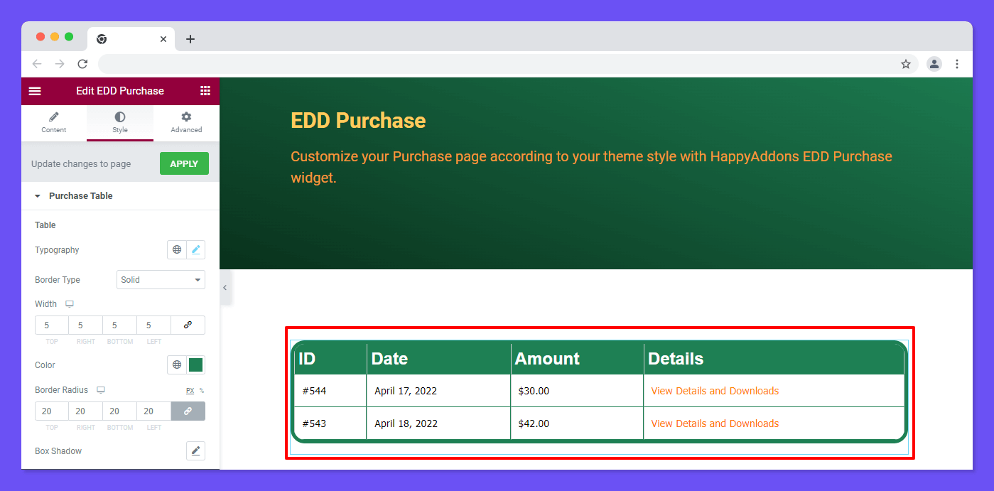 Style Purchase Table