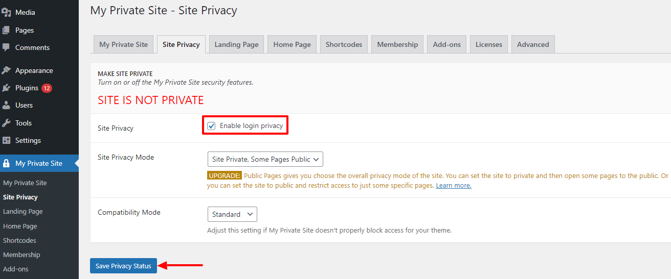 Go to Site Privacy Tab to Enable Login Privacy