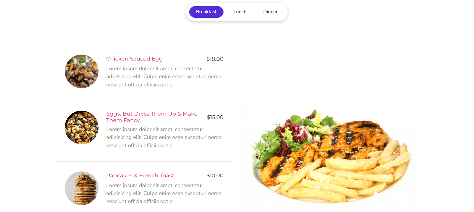 Show restaurant menus using content switcher