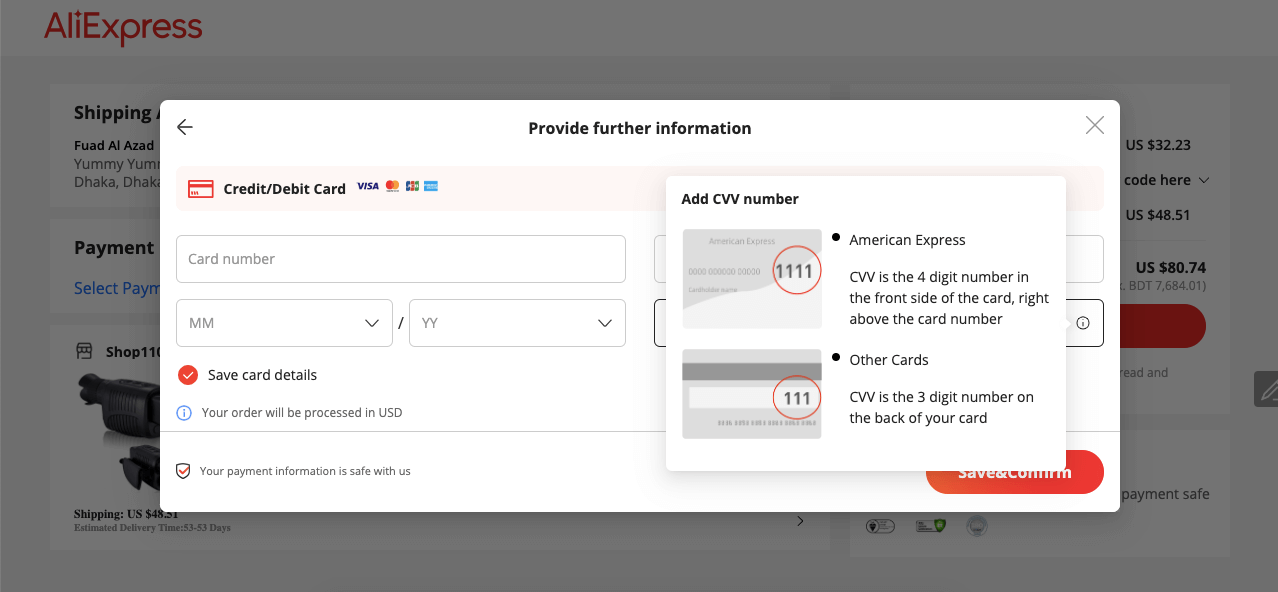 Tooltips to accurately fillup the credit card information