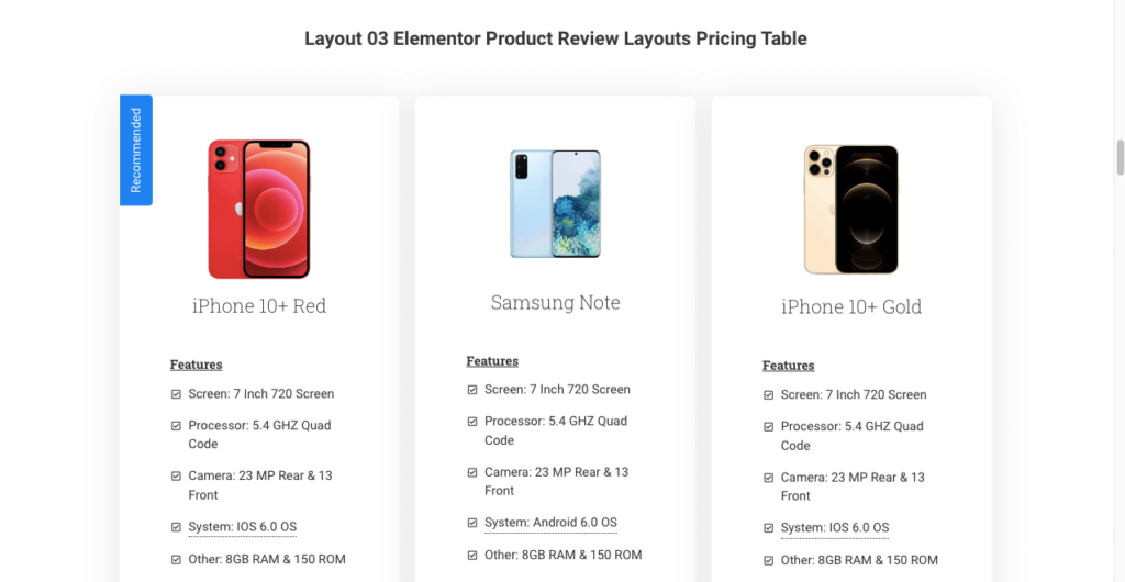 Product Review Layout for Pricing Table