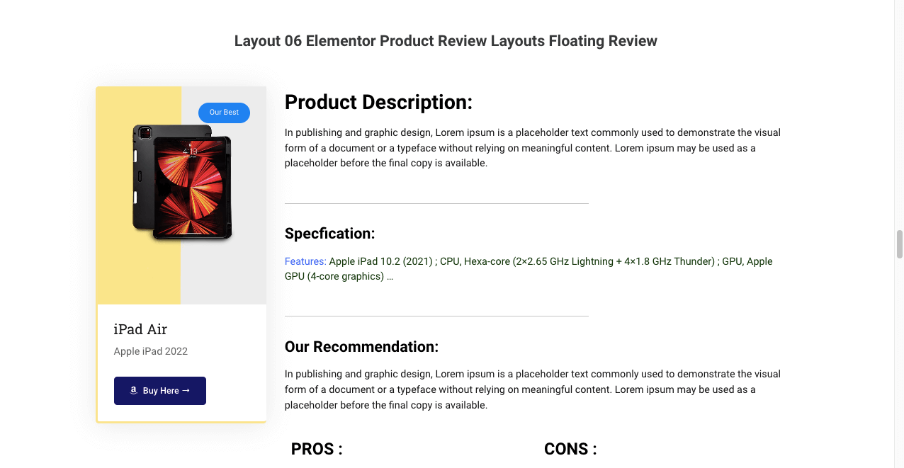 Product Review Layout for Product Review Page