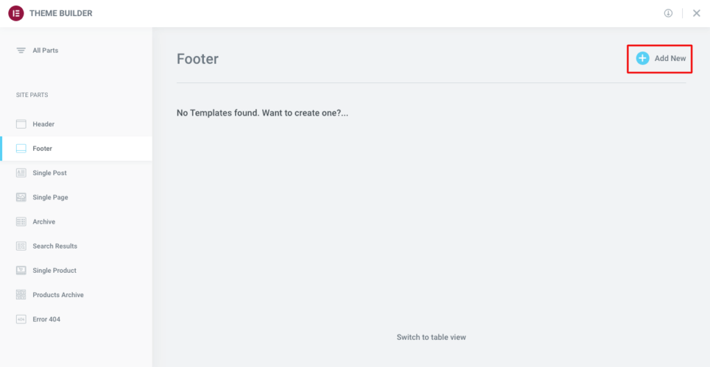 Add footer to Elementor Theme Builder 1