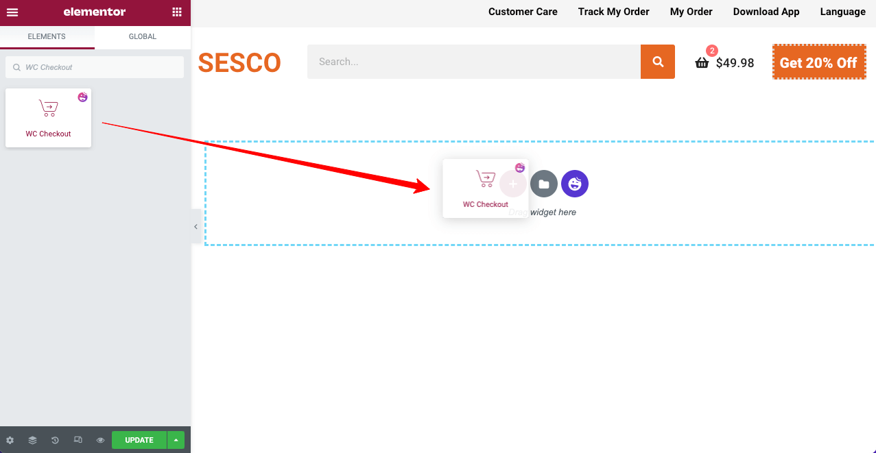 Drag and drop the WC Checkout widget to customize WooCommerce checkout page